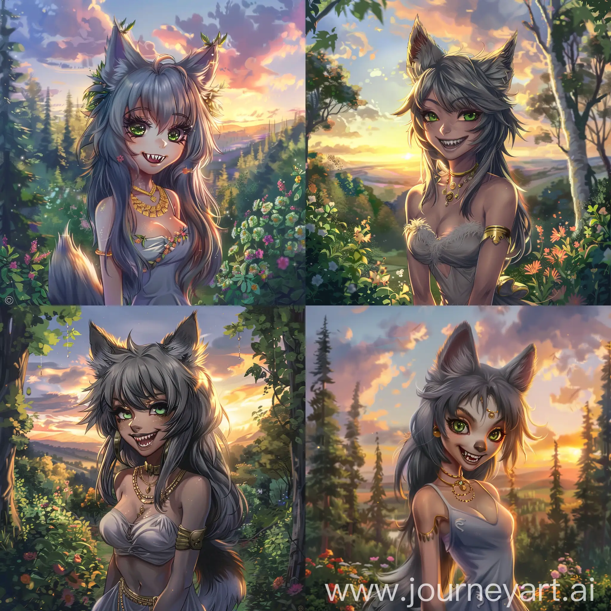 1girl, wolf girl focus, ears, thin dress, gold jewelry, smiling, gray fur, green eyes, fangs, long hair, fluffy tail, forest, valley, spring, flowers, warmth, tall trees, bushes, sunset, beautiful clouds, beautiful evening, soft light, bright colors