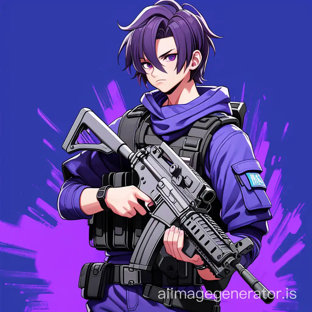 Boy avtar detailed, gaming ,  anime character medium messhy haired  , must holding a  M416  gun from bgmi ,  male character, dark thundering purple and black blue mix background  with blue dress of character . character should have long hair.