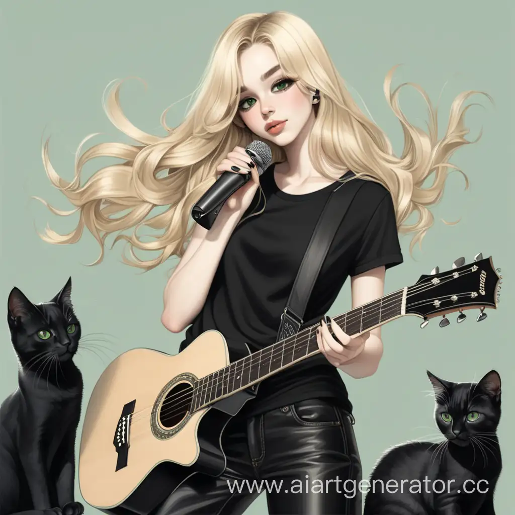 Нарисуй девушку с блондинистыми длинными волосами, с темно зелёными глазами, с черными ногтями, с пышными ресницами, широкими ляшками в черной футболке и черных брюках клёш, которая играет на гитаре, а вокруг неё котята, и рядом микрофонная стойка
