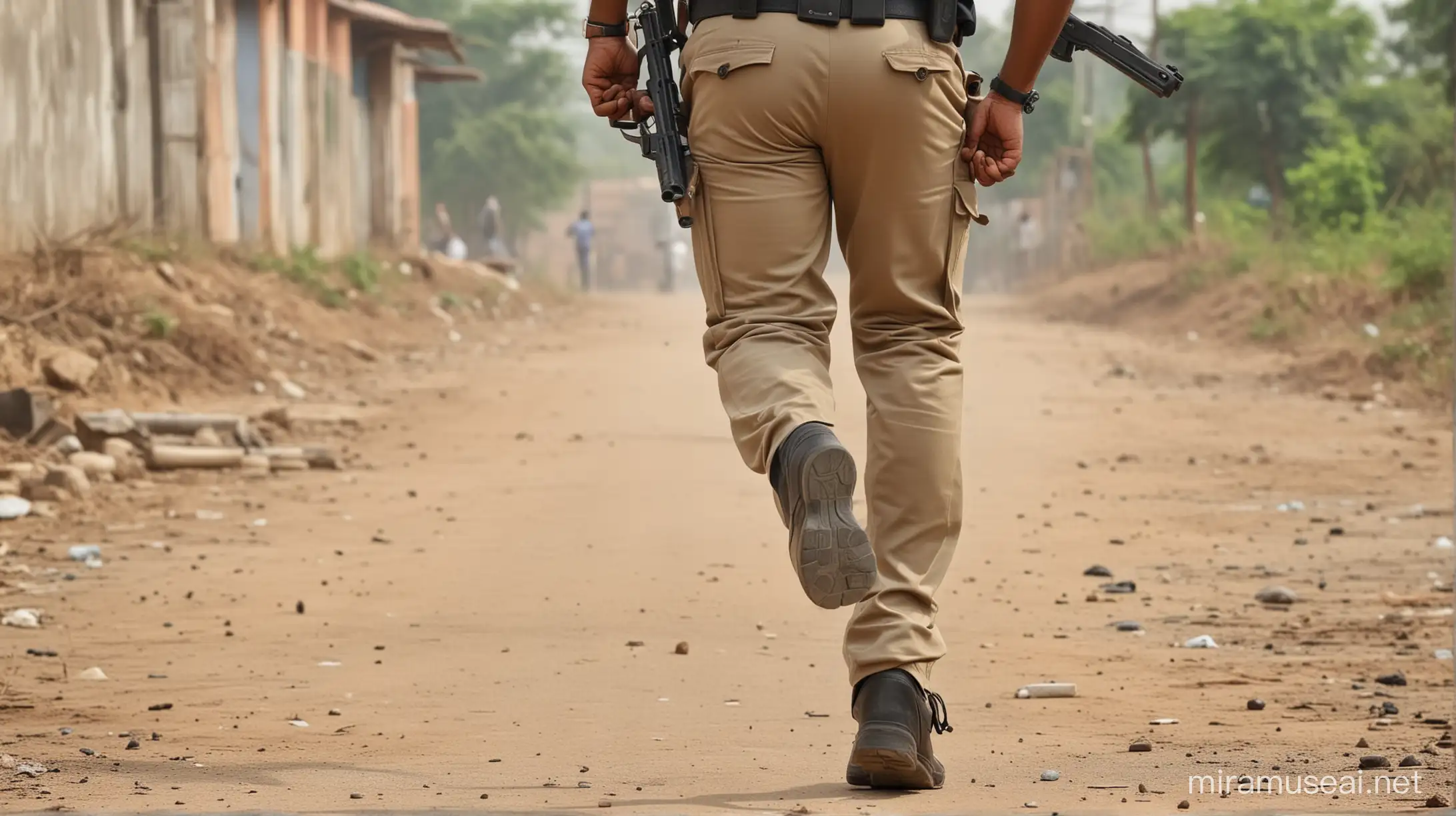 indian police man running behind criminal, gun in hand, shot from behind, focus on gun