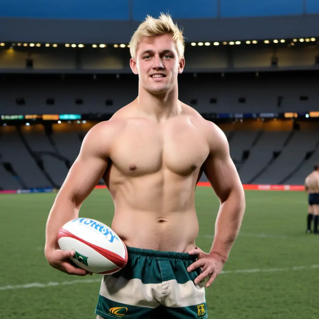 Australian Rugby Player Standing Shirtless on Stadium Pitch with Football