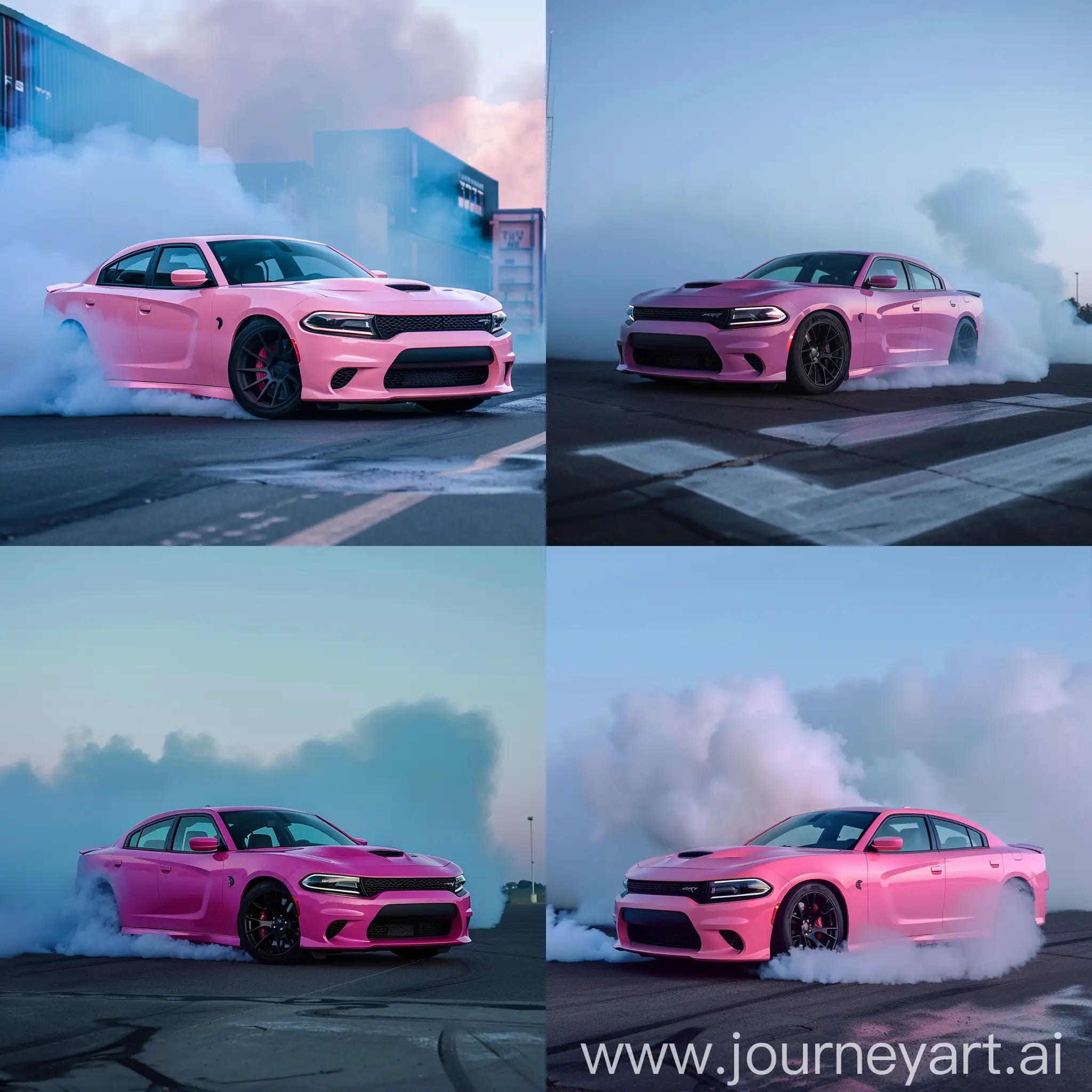 Pinterest style foto van Dodge hellcat charger srt in mat roze zwarte velgen bij car meet show aan het burnout doen rook realistic 8k wallpaper met blue hour 