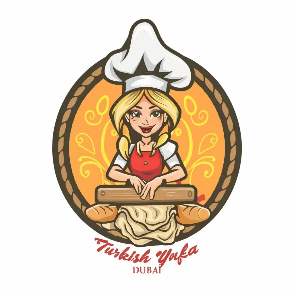 logo, A funny blonde girl chief with rolling pin and hat, with the text "Turkish Yufka Dubai", typography, be used in Restaurant industry making lavash bread