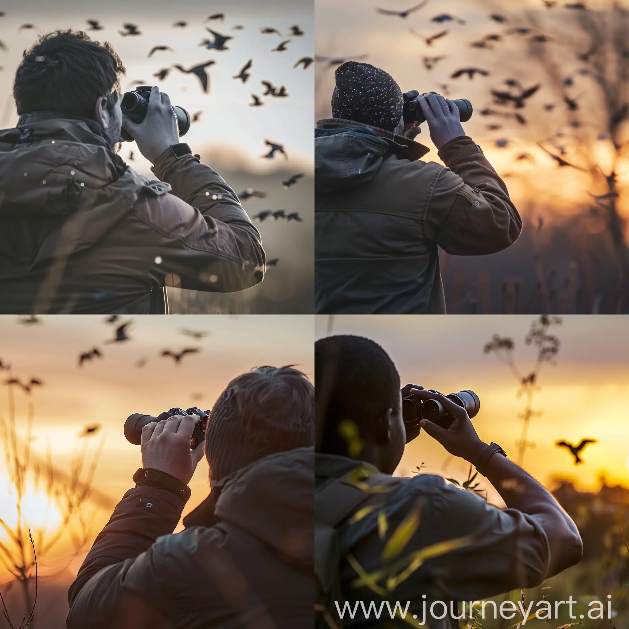 man watching birds with binoculars