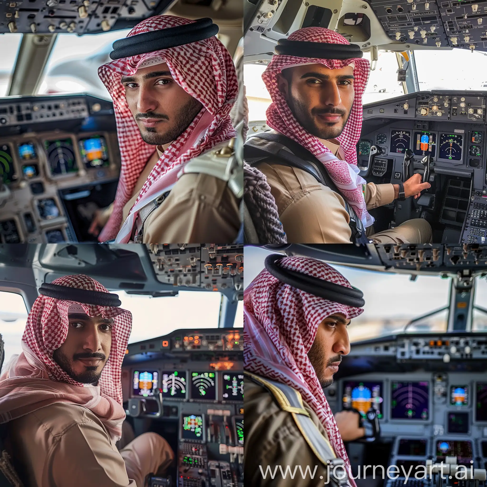 arabian man with Keffiyeh in cockpit of airplane