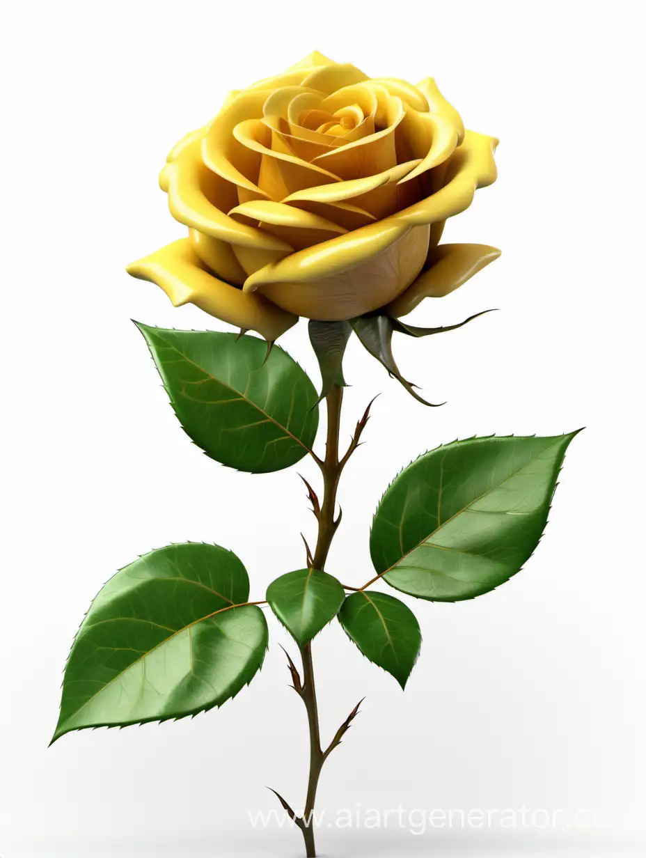 Realistic-Dark-Yellow-Rose-in-8K-HD-with-Fresh-Lush-Green-Leaves-on-White-Background