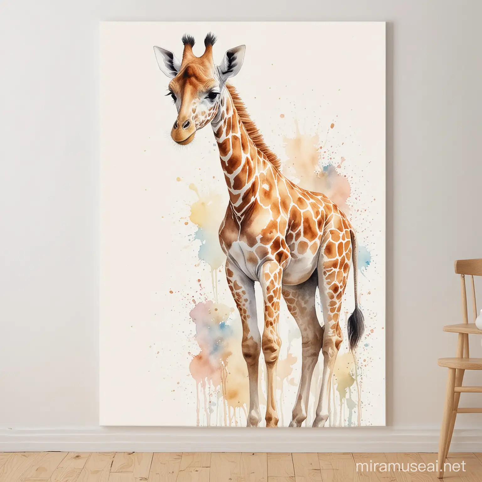 Create a charming watercolor painting of a baby giraffe against a serene white background, perfect for adorning a nursery room with its adorable presence. Capture the innocence and sweetness of the giraffe calf as it stands tall amidst its natural grace, evoking feelings of warmth and joy. Let the delicate strokes and soft hues of watercolor bring this enchanting scene to life, infusing the room with a sense of tranquility and wonder.