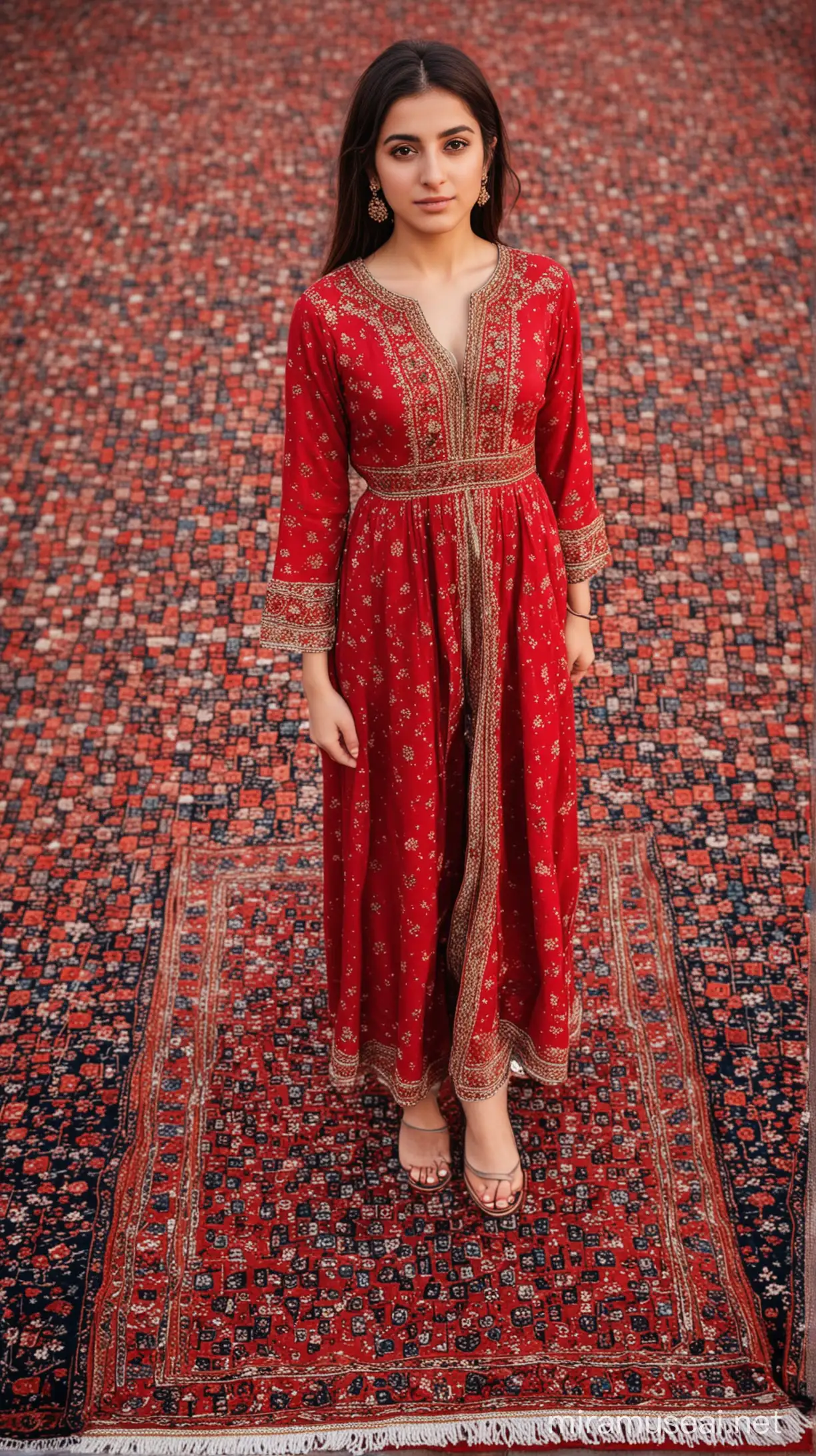 Iranian girl in an Iranian dress standing in the middle of the Iranian red carpet