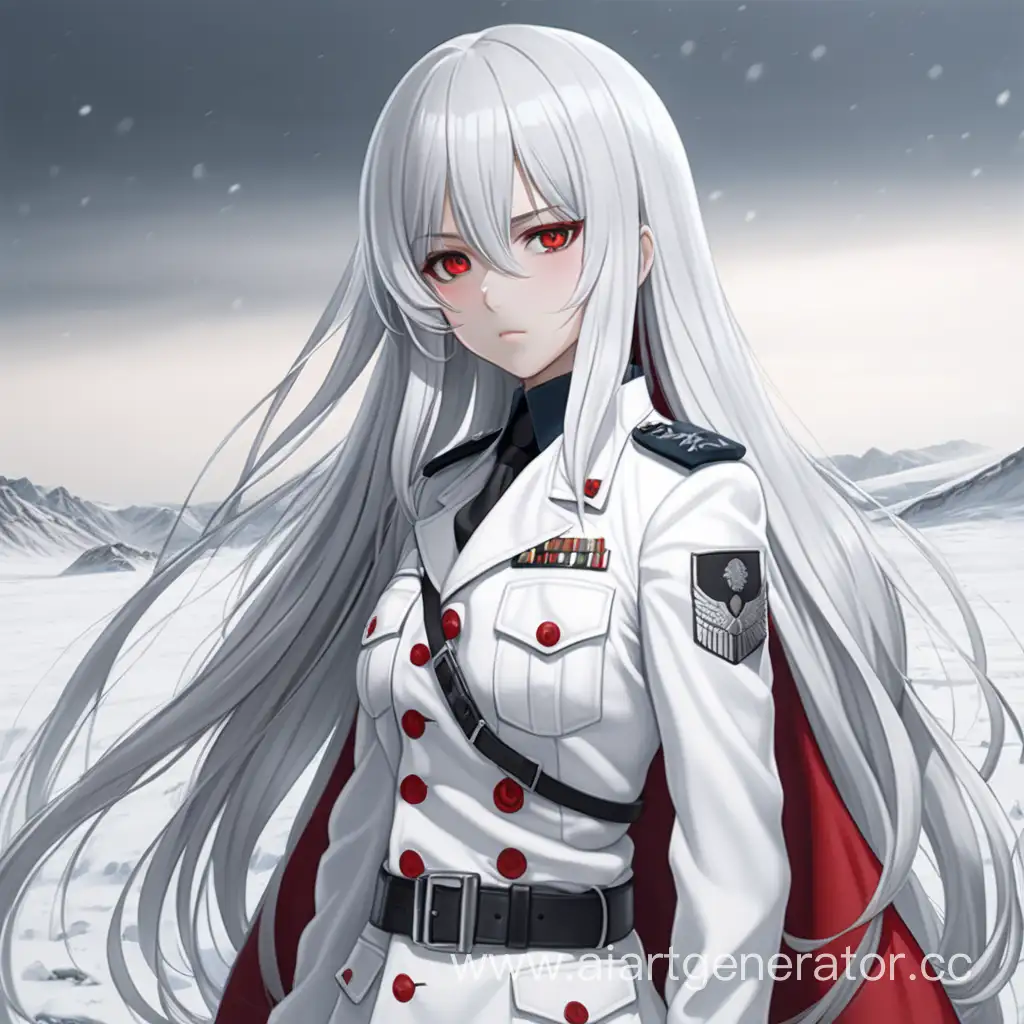 draw me a full-length anime girl with long white hair, red eyes, big breasts and in a white military uniform, against which there is a cold wasteland, a cold and empty look