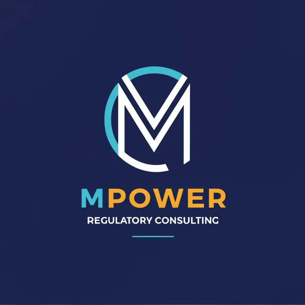 a logo design, on a subtle blue pattern background with the text MPower Regulatory Consulting, main symbol: M in a teal green circle next to POWER thinner font, Minimalistic, clear royal blue background orange in the swish