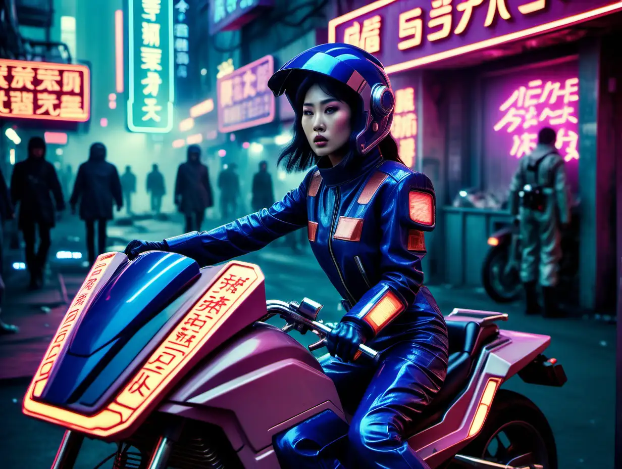 a chinese woman model speeding through blade runner 2049 city with neon signs on motorcycles, looking stressed, wearing haute couture space helmets and space suits, navy blue, soft light, 35mm photography
