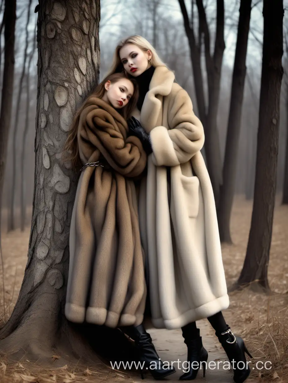 Luxurious-Mink-Coat-Girl-Wraps-Another-in-Long-Coat-by-Tree