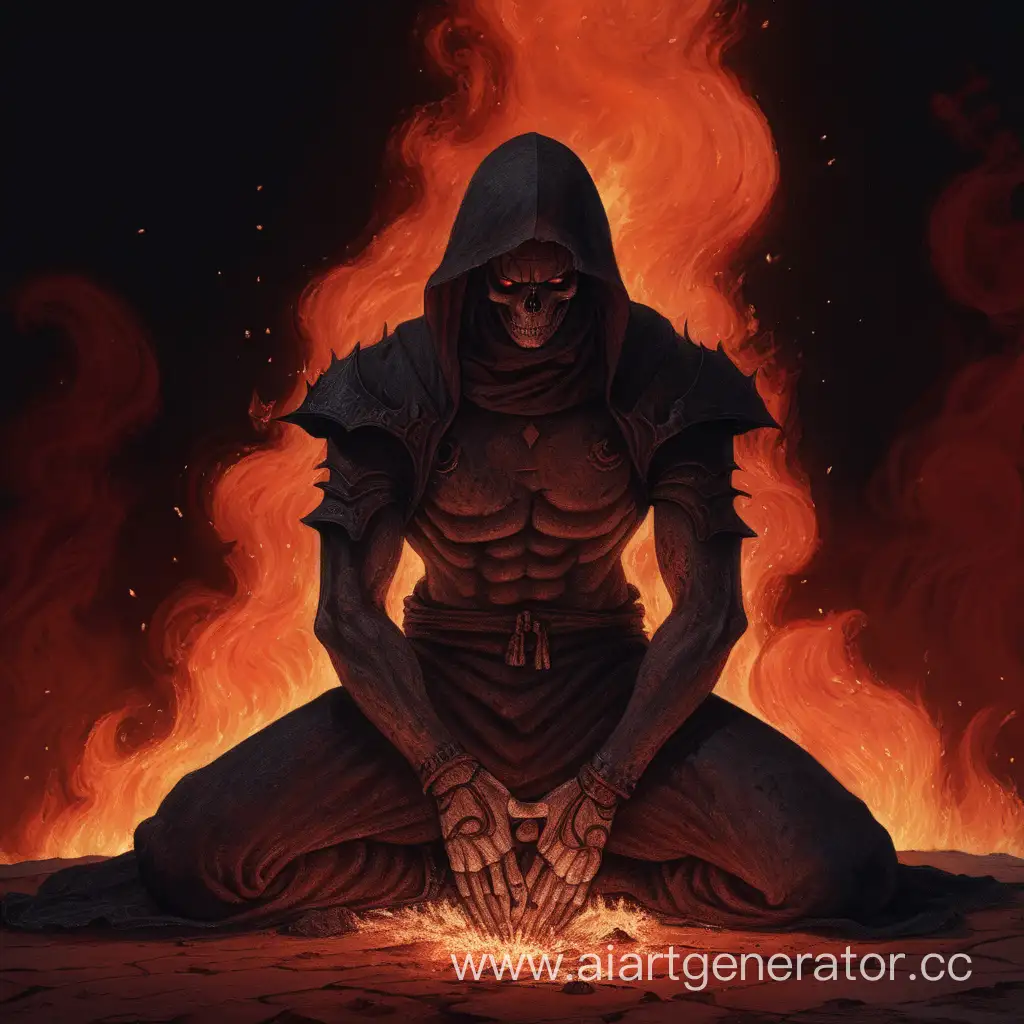 Мужской персонаж, состоящий из пепла, полностью тёмный, присел на колени боком, на фоне горит красный огонь