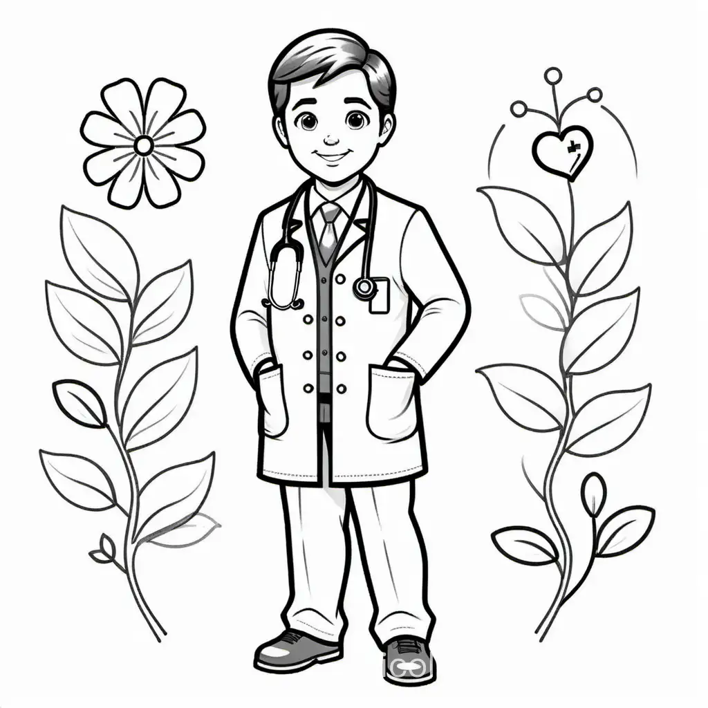 Medical doctor 
No background , Coloring Page, black and white, line art, white background, Simplicity, Ample White Space. The background of the coloring page is plain white to make it easy for young children to color within the lines. The outlines of all the subjects are easy to distinguish, making it simple for kids to color without too much difficulty