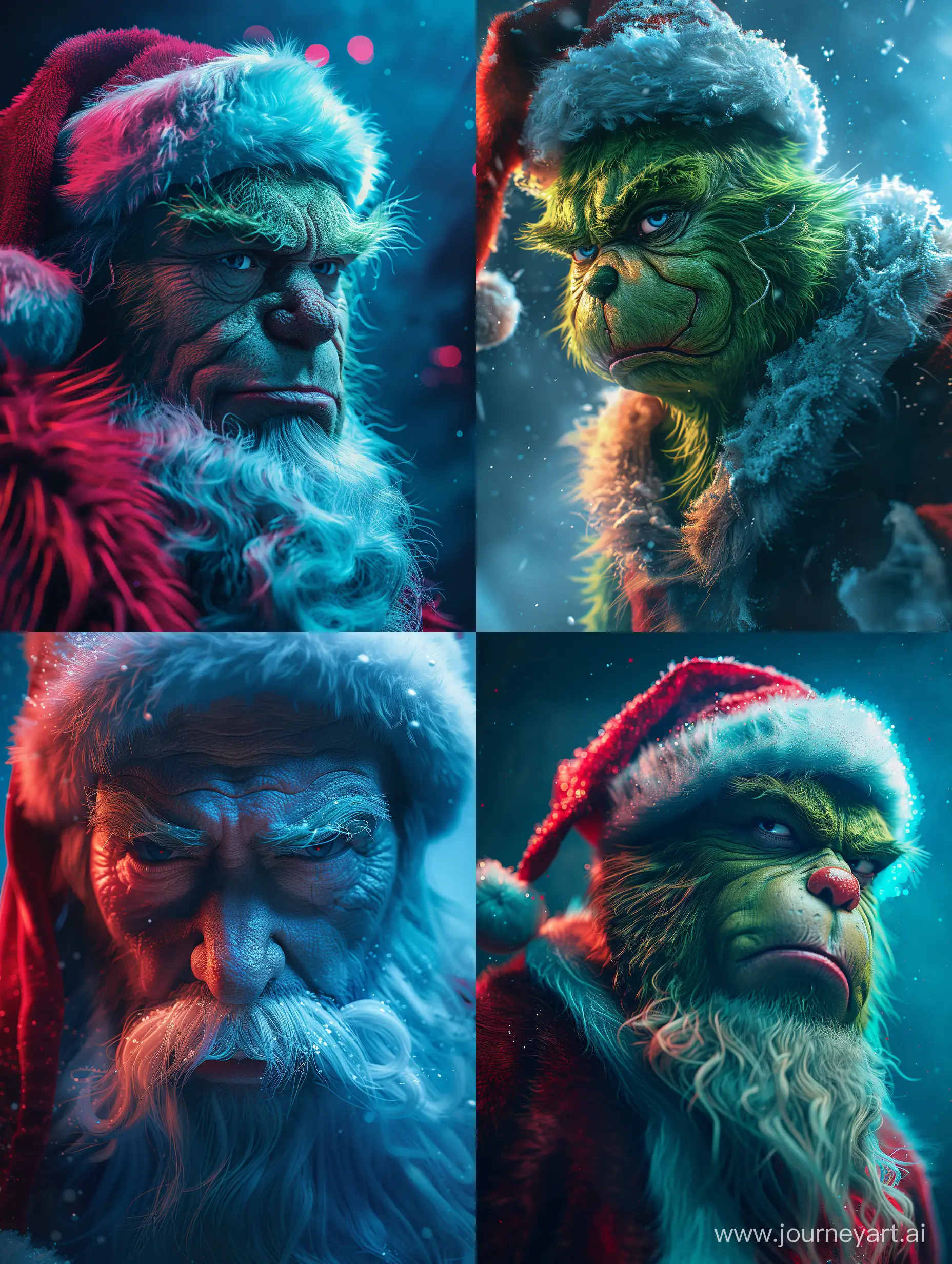 Whimsical-Santa-Grinch-Portrait-in-Dynamic-Blue-Neon-Light