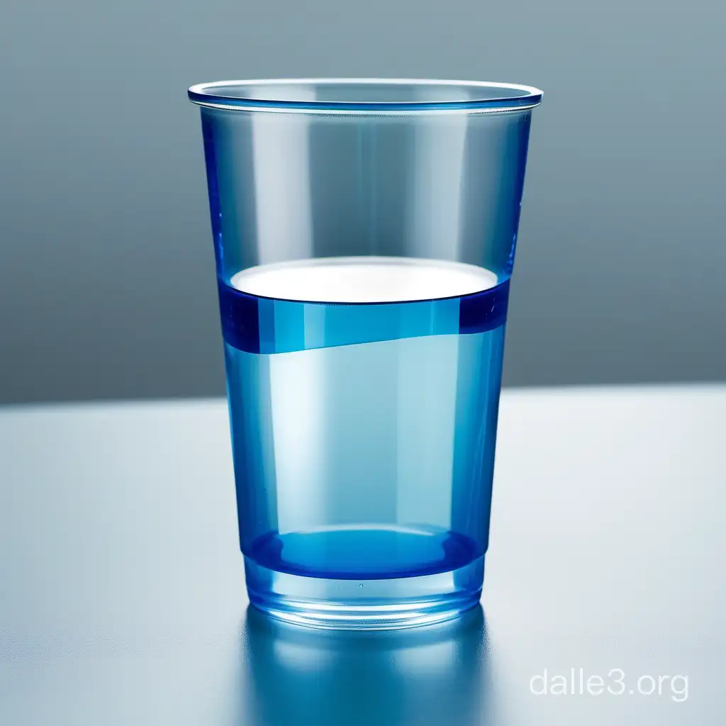 一个表面光滑的透明塑料杯，其中一个装少量的蓝色液体。
