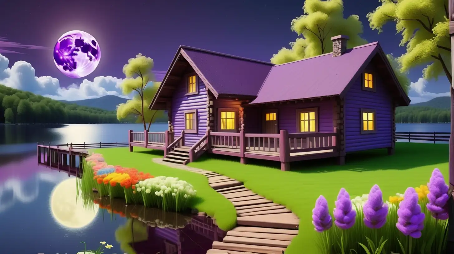 Serene Lakeside Wooden House under the Full Moon