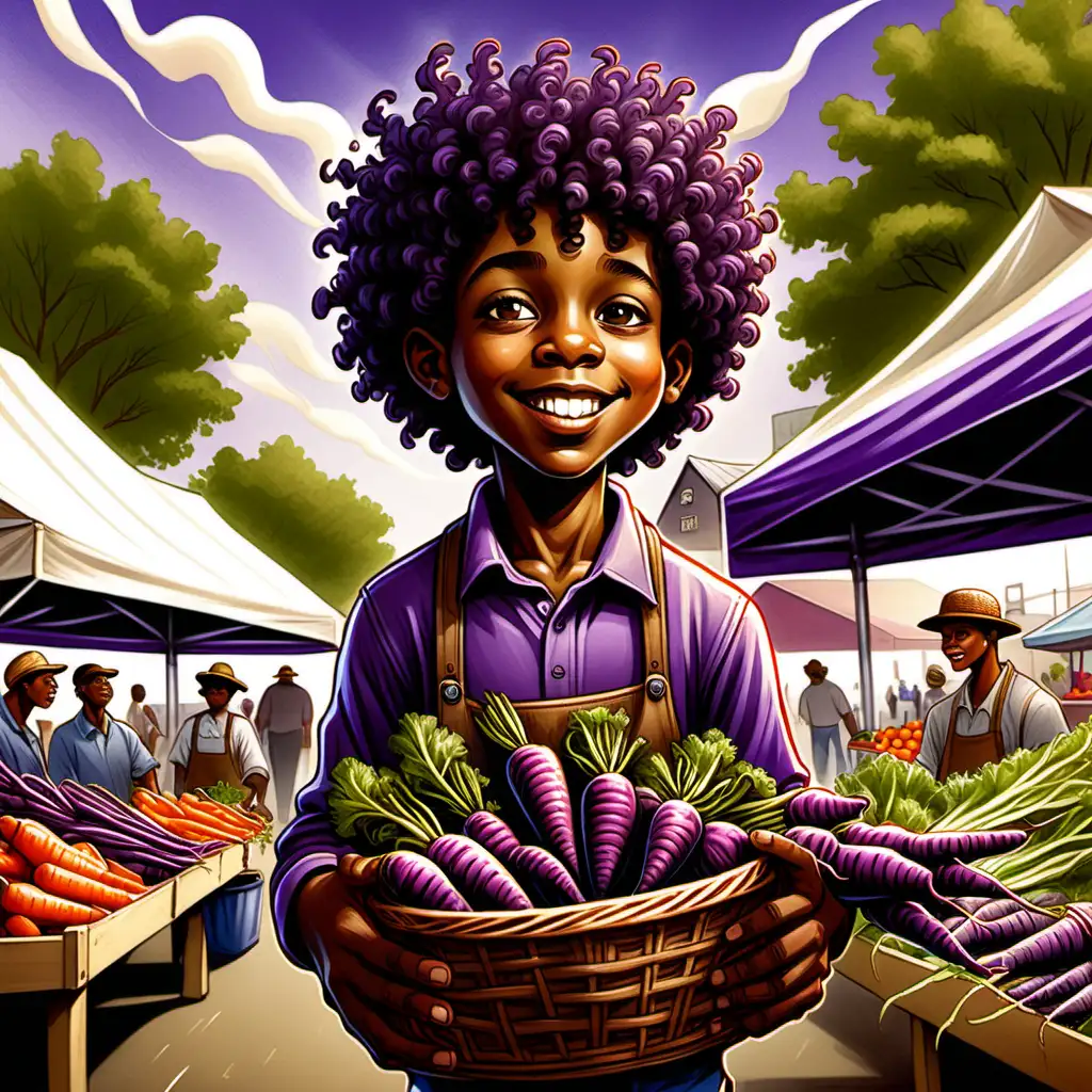 cartoon ernie barnes style african american 10 year old boy with curly hair holding a basket of purple carrots in the air at the farmer's market 