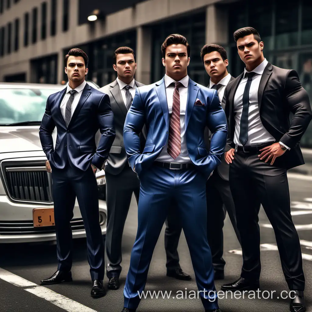 Business cars, 5 guys in business suits in serious pose, one guy pumped up, one guy fat the rest medium build, jojo pose, realism, beautiful faces, no ugliness, no distortion, detailing, detailed faces, hd