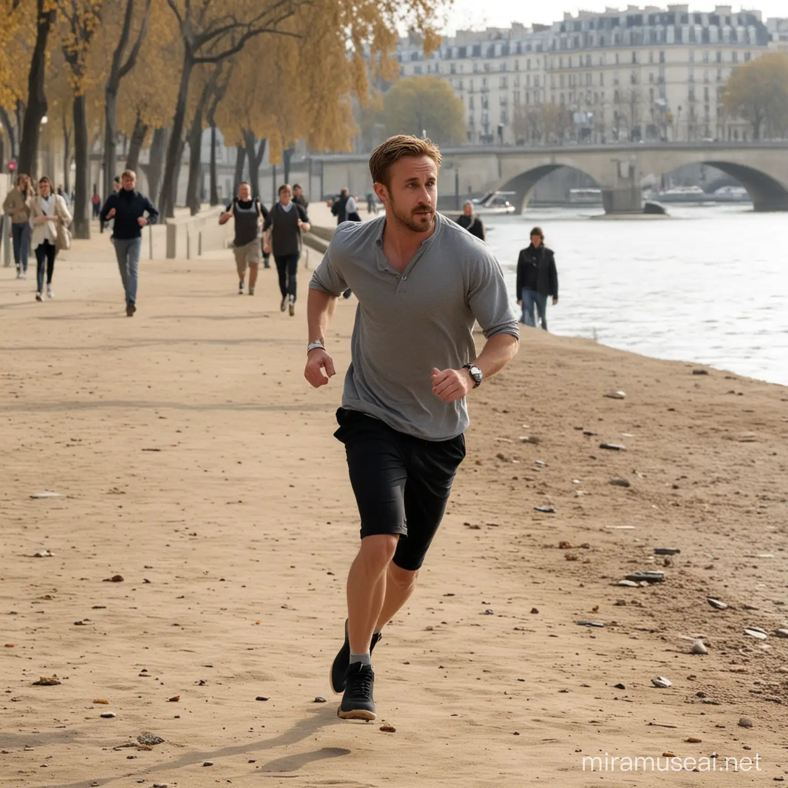 ryan gosling faisant un footing sur les bords de seine à paris