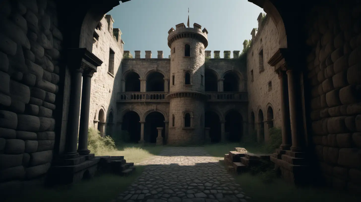 Generate an AI scene with a slow panning view inside an old and ancient castle, focusing on the intricate details of the walls. Capture the essence of history, mystery, and the passage of time as the camera moves through the castle's aged and storied architecture.