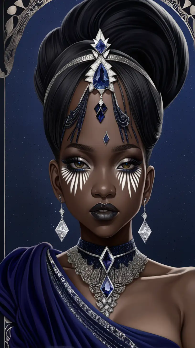 Generate an anime-style image of a captivating Black female character inspired by the Queen of Spades in a deck of cards named Nyota. Nyota's Black skin is as dark and mysterious as the night sky, befitting of the Queen of Spades. Her hair is styled in sleek, straight strands with bangs and adorned with silver accessories, adds to her enigmatic allure. With piercing sapphire eyes that hold a hint of danger and intrigue, she exudes an air of power and authority. Her makeup features bold, smoky hues of black and silver, adding to her mystique and commanding presence. Draped in a gown of midnight blue velvet, embellished with intricate spearhead-shaped patterns and shimmering crystals, she embodies strength and resilience in the face of adversity. Ensure spearhead inspired motifs are incorporated throughout the image, perhaps in her hair accessories, jewelry, or embroidered on her gown. Ensure her entire head is visible within the frame, and hands discreetly concealed by the folds of her clothing or obscured by other elements in the picture. The image resolution should be 720x1080 px.
