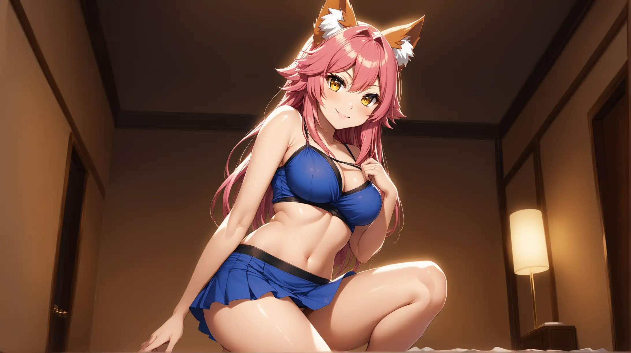 Draw the character Tamamo no Mae, pink hair, gold eyes, high quality, dim lighting, long shot, indoors, seductive pose, low angle, mini skirt, smiling at the viewer
