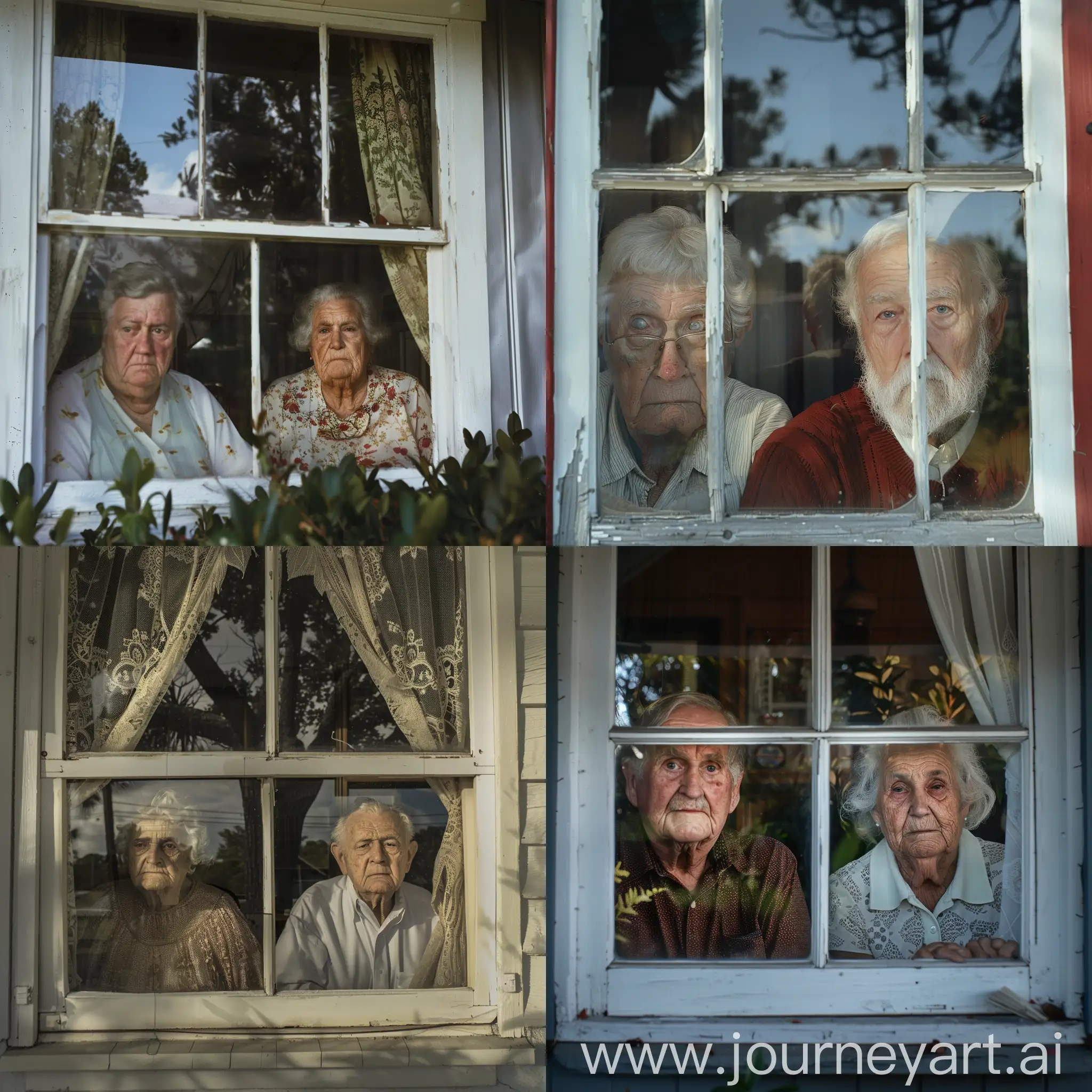an old white man and an old white woman watching to camera through window of their house, noon, Florida, realistic