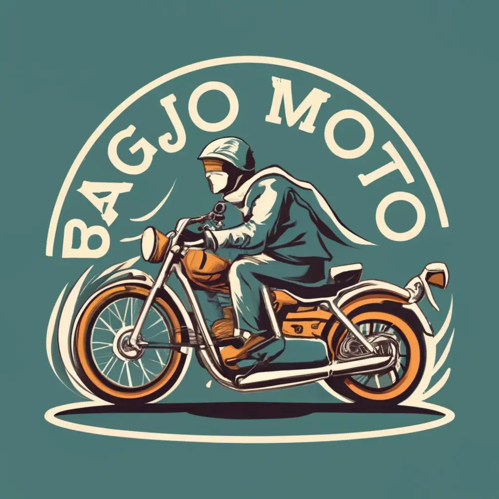 logo, Strong wind, storm, road, men riding Motorcycle, with the text "Bagjo Moto", typography, be used in Travel industry