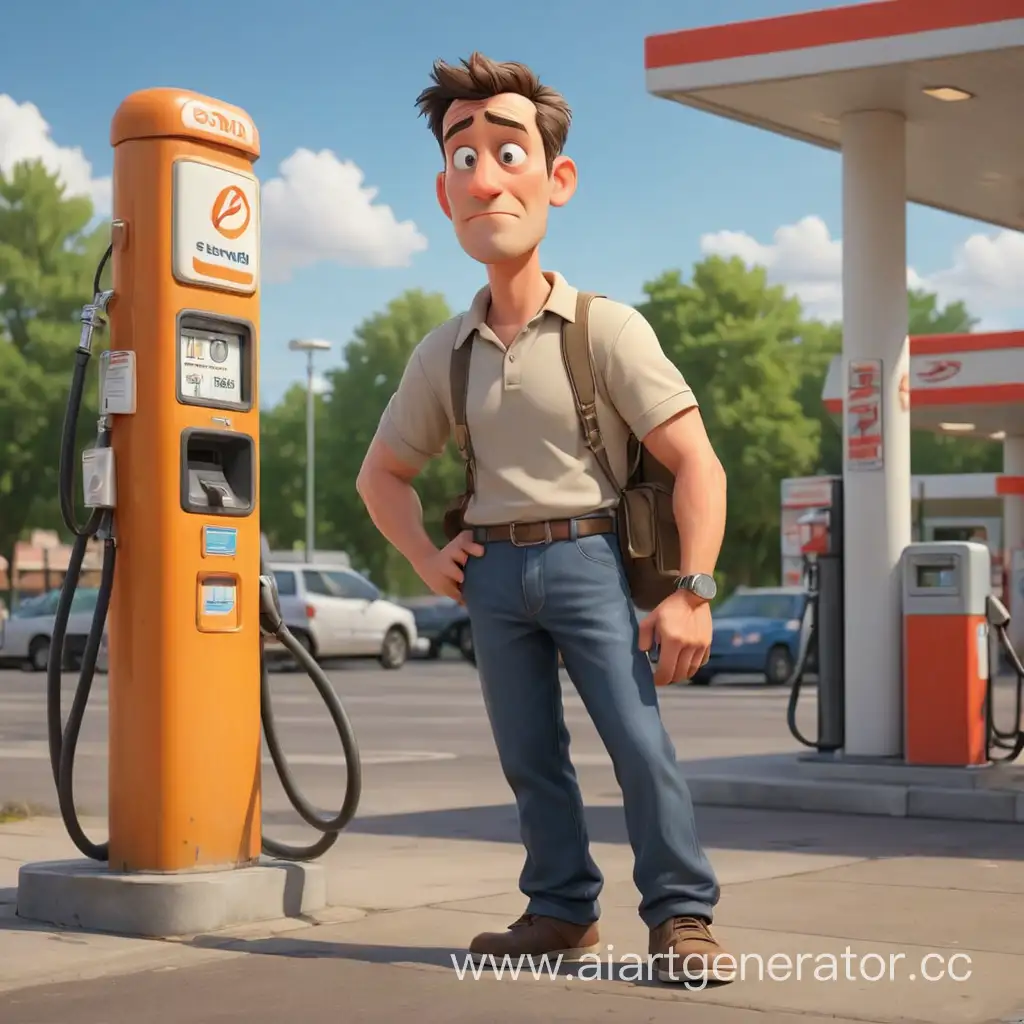 Cartoonish-Man-Contemplating-Refueling-Options-at-Gas-Station