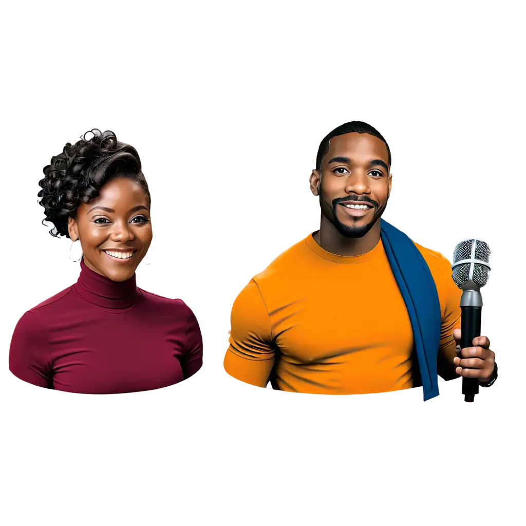 I would like a professional logo for a video podcast called talk about it I would like to see two black people in an area with two microphones looking into the camera and talking about stuff