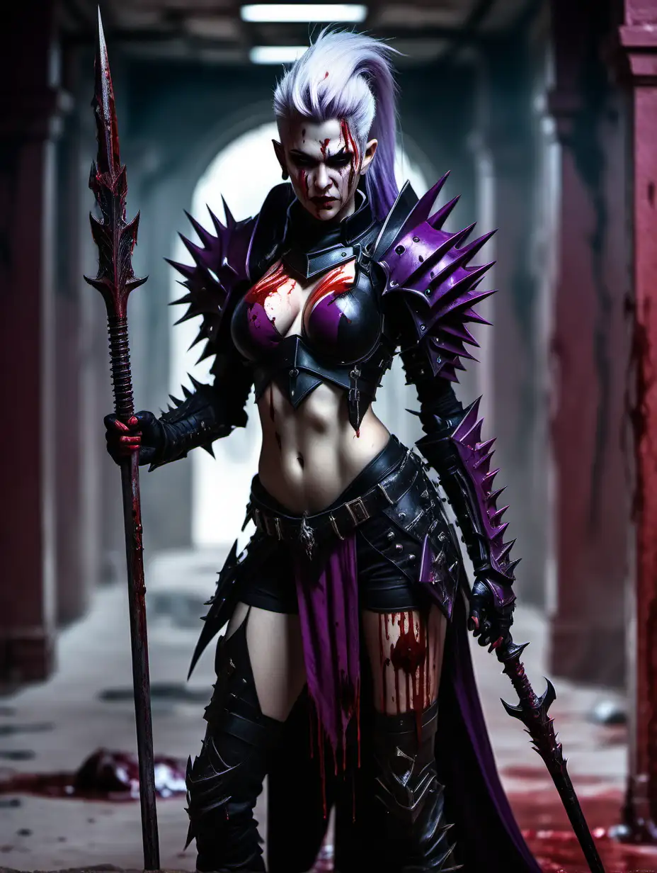 Drukhari Female Warrior in Elegant Black and Purple Armor with Bloodied Spear in a Dark Corridor