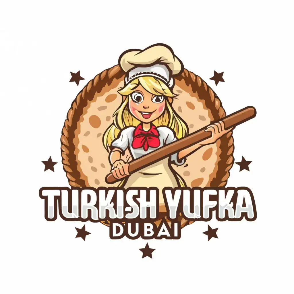 logo, A funny blonde girl chief with rolling pin and hat  making lavash bread, with the text "Turkish Yufka Dubai", typography, be used in Restaurant industry