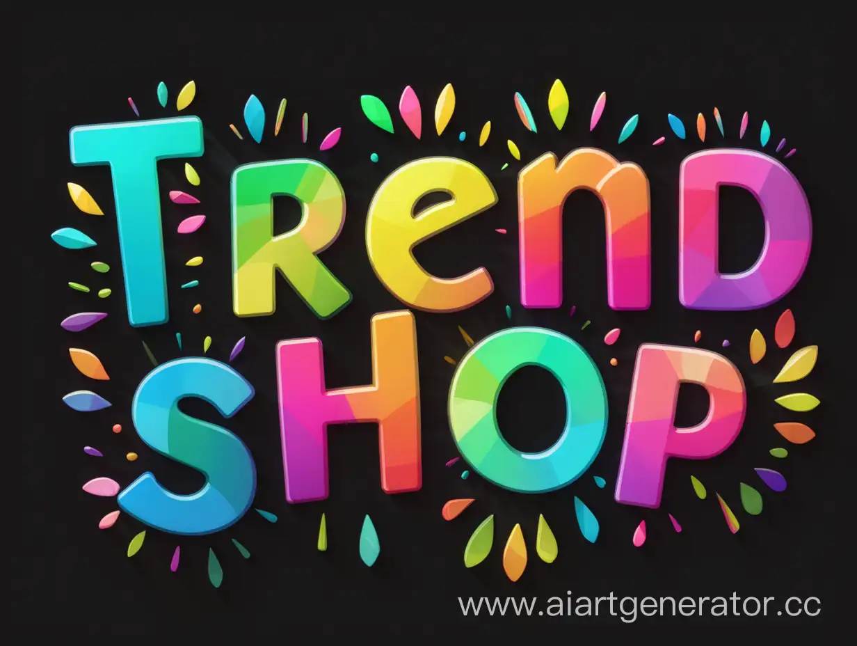 очень яркая, объемная, разноцветная надпись "Trend Shop" с бликами на черном фоне