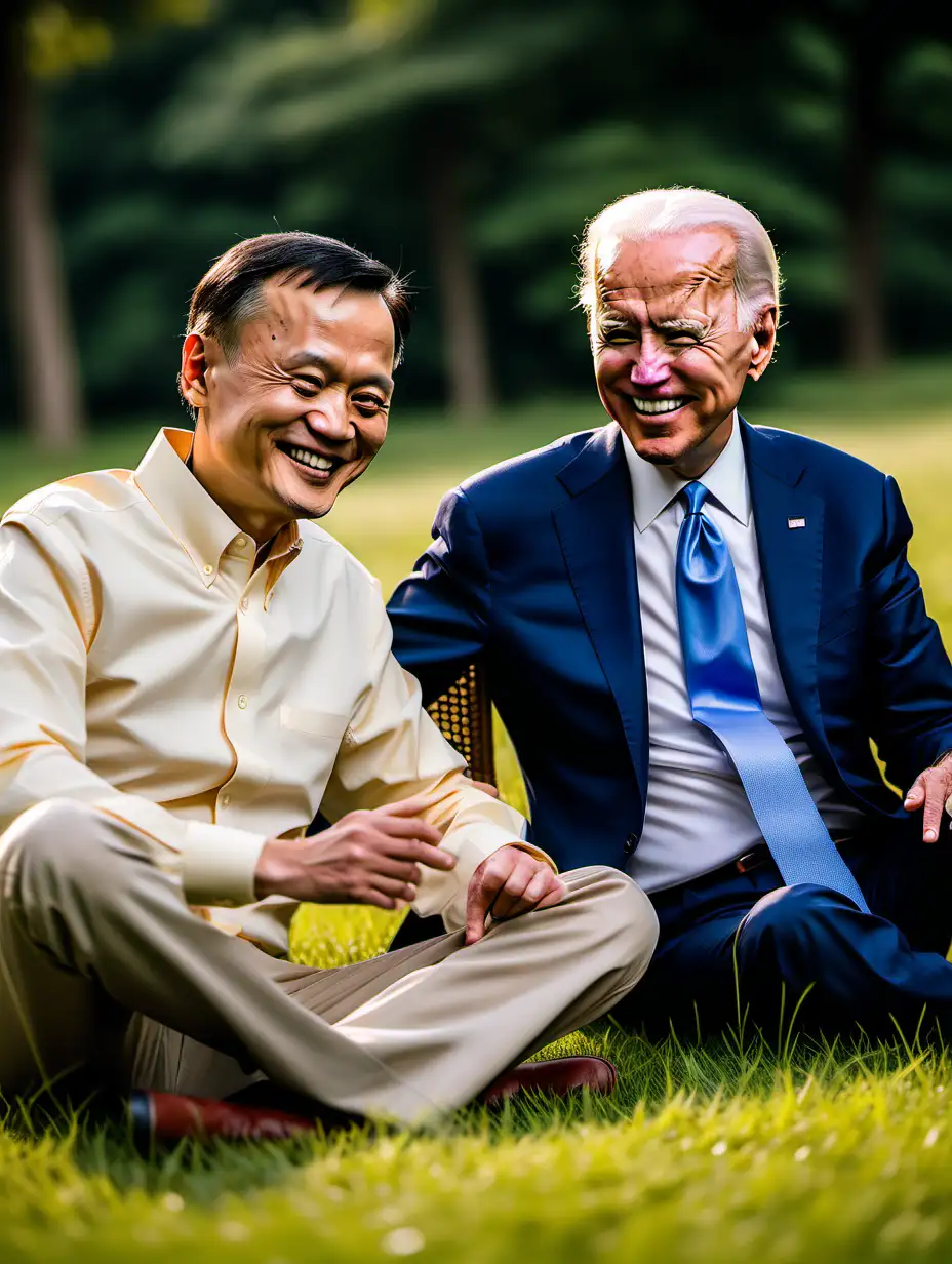 Wildlife Photography, Close-up of [ Jack Ma and Joe Biden sitting on the grass], ground level angle to highlight their pure and gentle nature, National Geographic photography, photographed with a Nikon D850 DSLR, natural lighting, vibrant colors