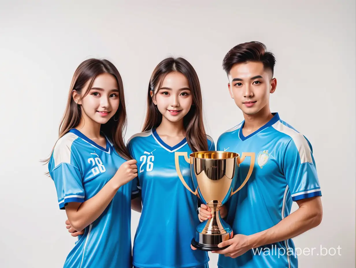 Soccer guy 23 years old in a fashionable blue uniform and girl 26 years old in a blue uniform holding a huge winner's cup white background