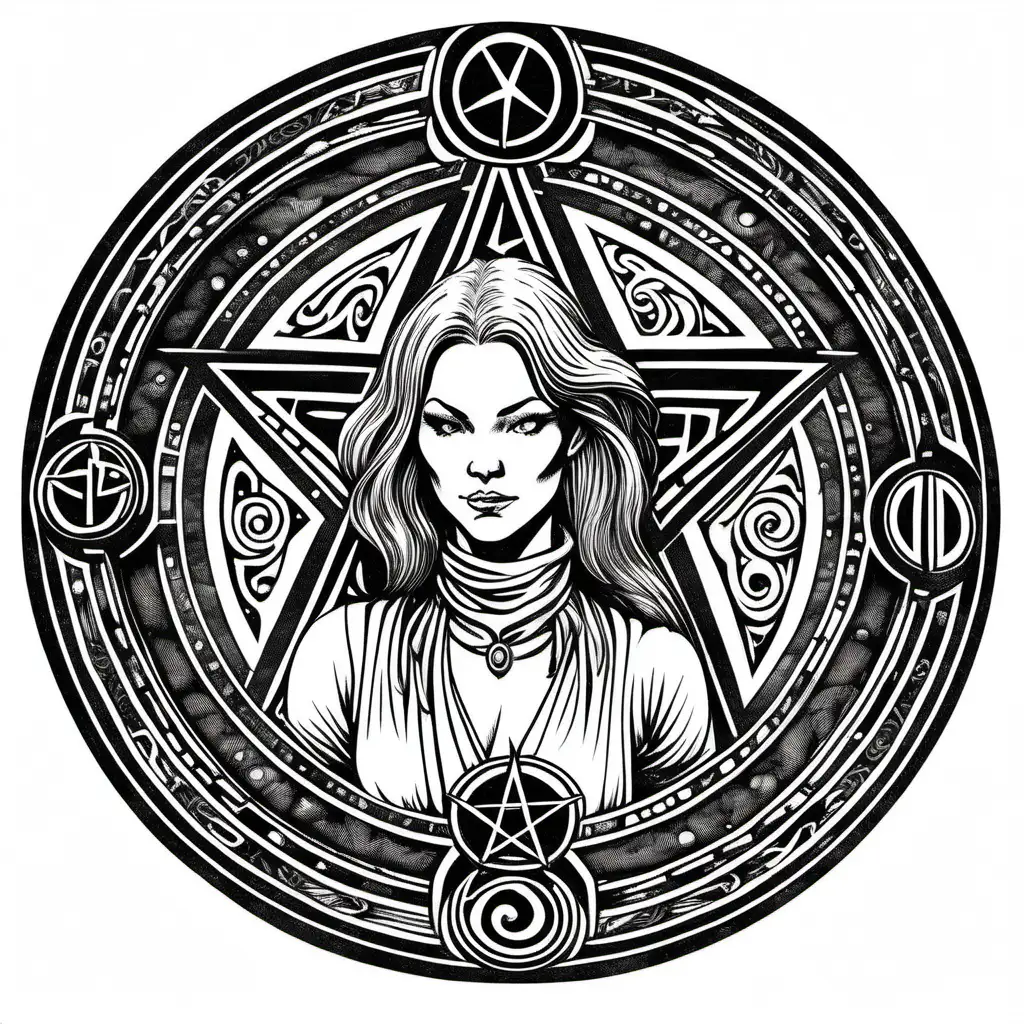 a Brandy Ledford:sorceress, in a magic circle, pentagram amulet, black and white ink, ((white background)), style of woodblock print, style of AD&D, by David A. Trampier,