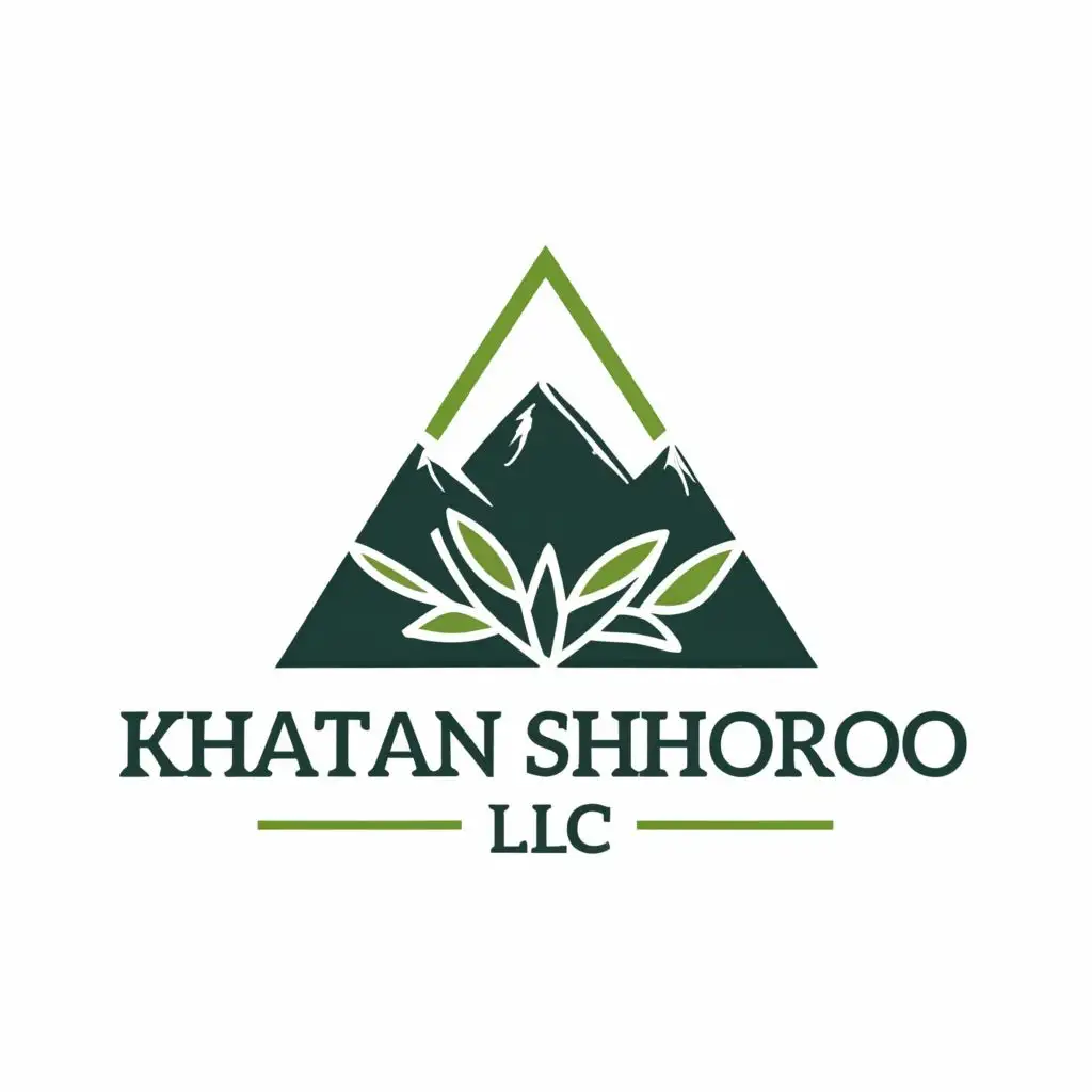 logo, MOUNTAIN ECO LEAF TREE TRANGLE, with the text "KHATAN SHOROO LLC", typography