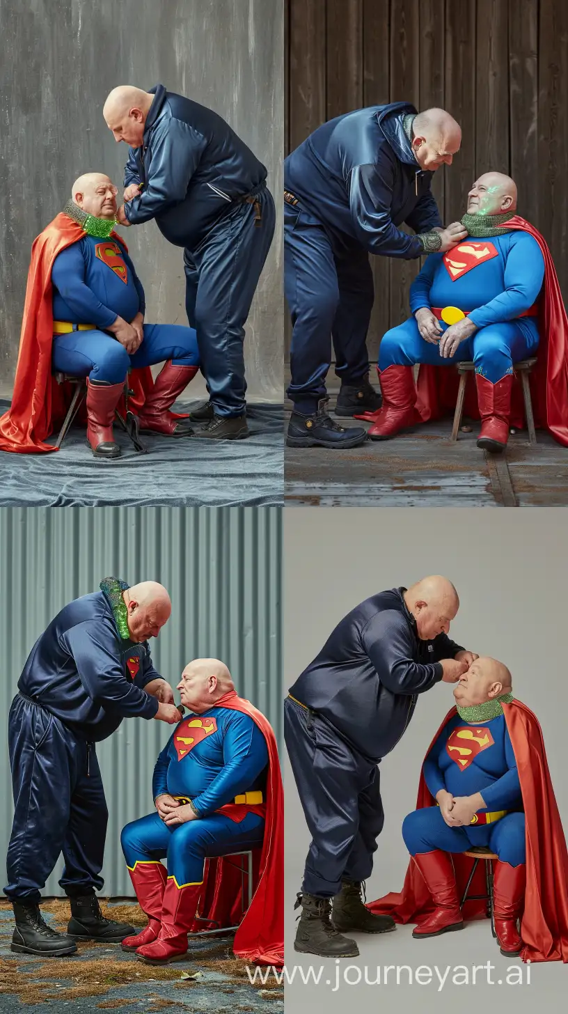 Fashion photo of a chubby man aged 70 wearing a silky navy tracksuit and black hiking boots, bending over and tightening a small glowing shiny green short collar on the neck of another chubby man aged 70 sitting and wearing a silky blue superman costume with a large red cape, red boots, blue shirt, blue pants, yellow belt and red trunks. Outside. Bald. Clean Shaven. --style raw --ar 9:16 --v 6