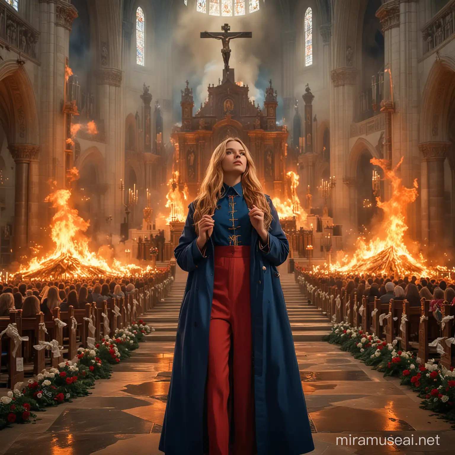 Mystical Teenage Empress Rebeca Surrounded by Flames in Cathedral