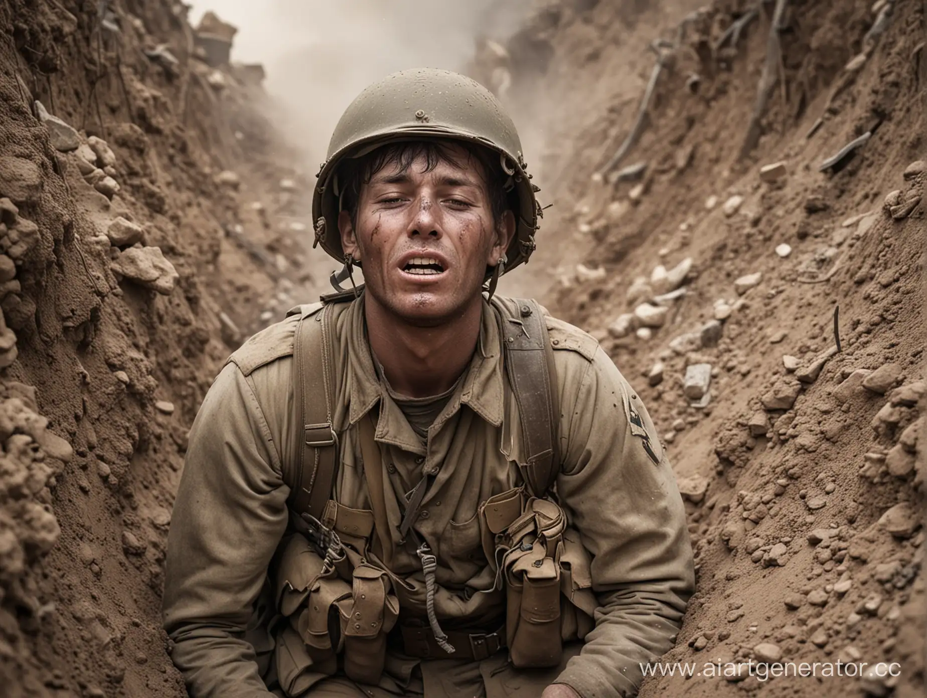 A wounded soldier after a battle in a trench, greedily swallowing smoky and dusty air.