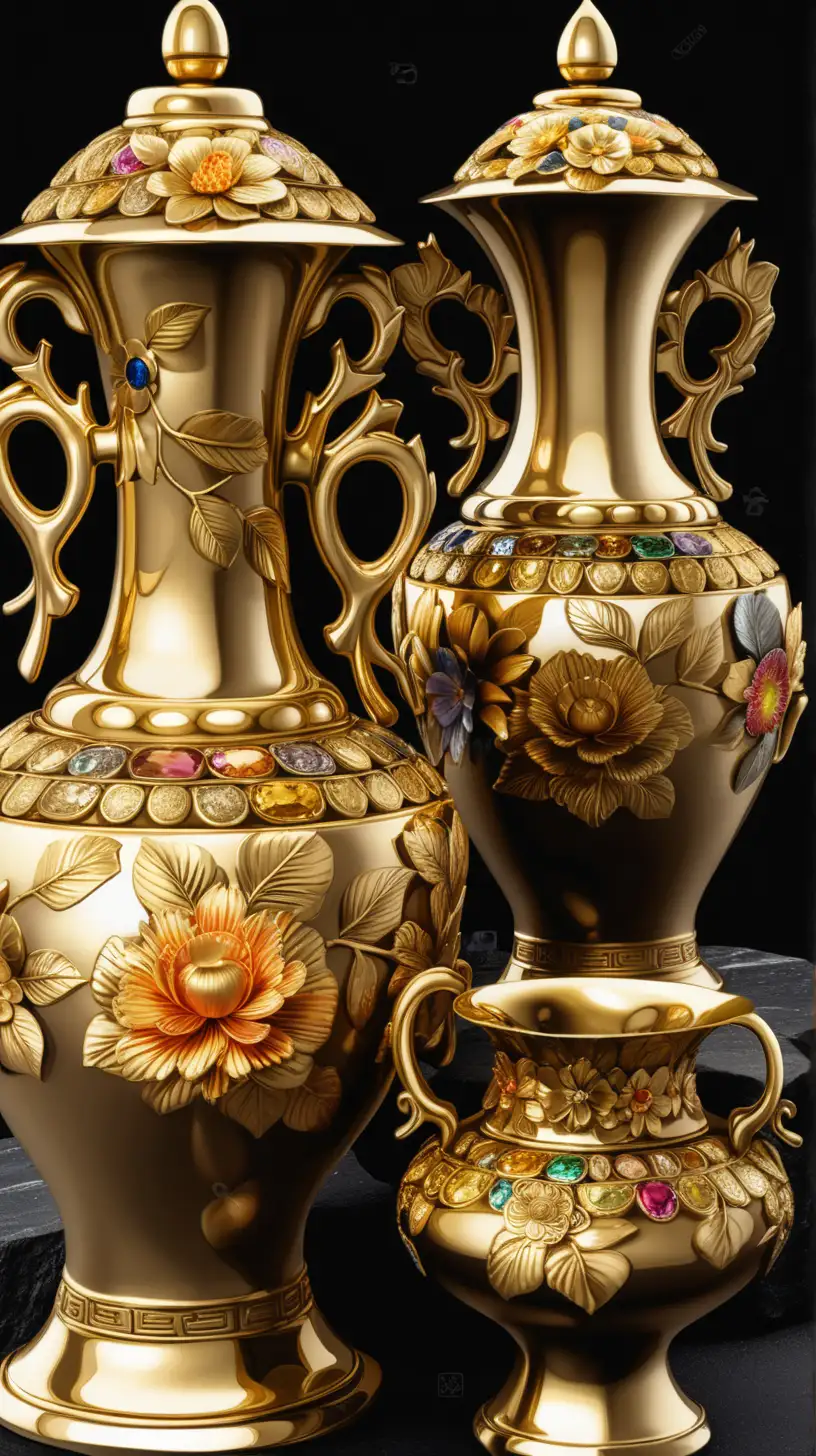 Asiatiska gamla guldfigurer, guldfiguriner, vaser, stora krukor med färgade blommor i olika färger, i högblank guld, helbild mot svart stenbakgrund med platta stenar bakgrund, hyperealistisk, fotografisk, digital, tecknad bild