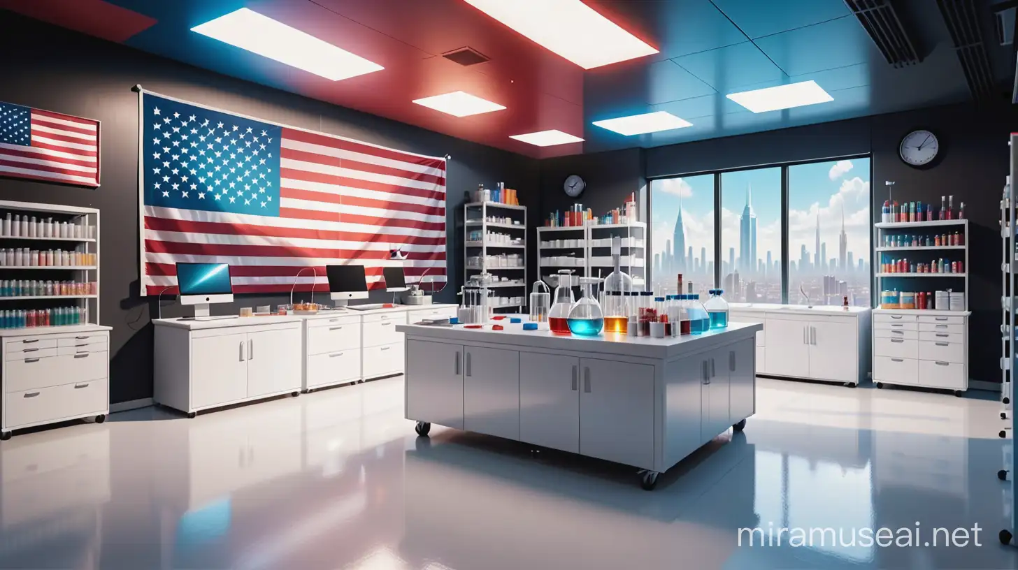 wide background. no people. lab.  clinical laboratory improvement. technology. futuristic. creative. fun. fantasy. magical. GOD. HEAVEN. SUPER HERO LAB. real USA flag. very detailed. lab. 