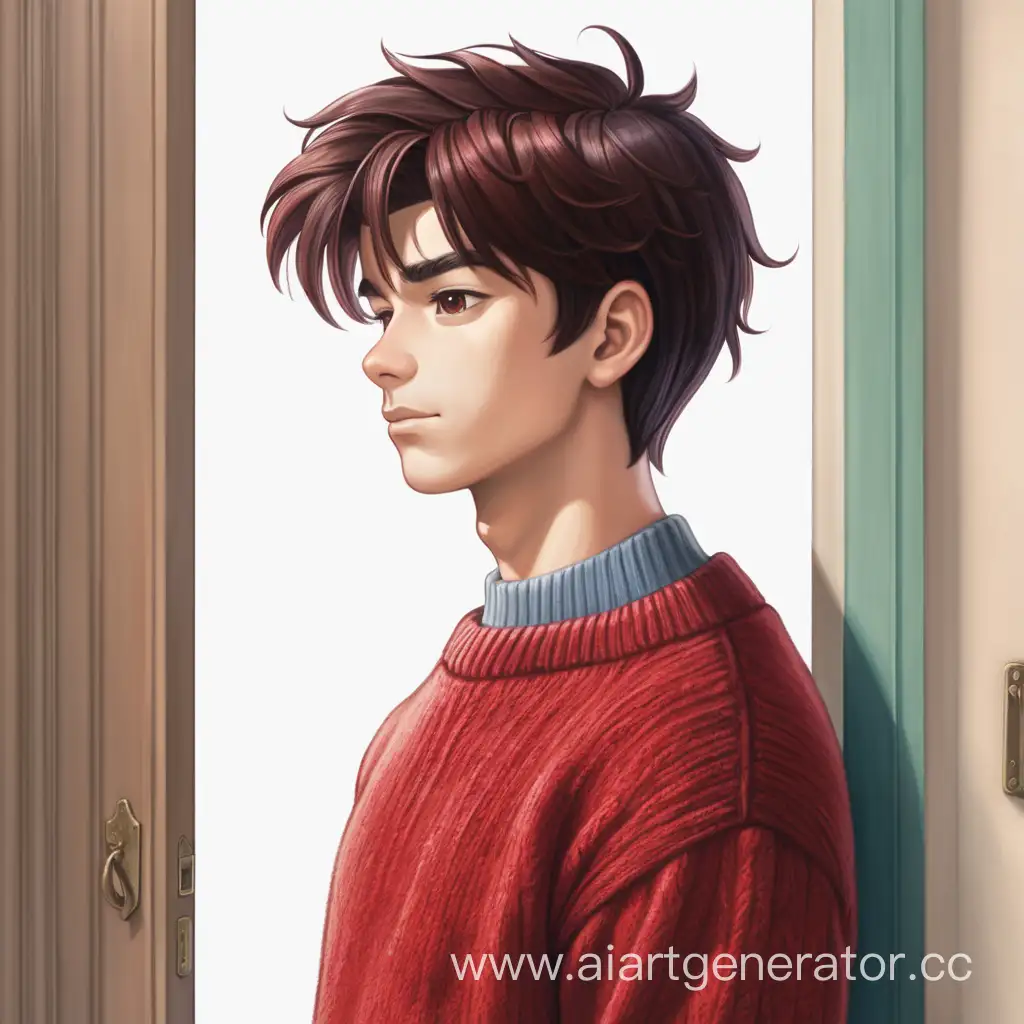 Stylish-Young-Man-in-Red-Sweater-Standing-at-the-Doorway