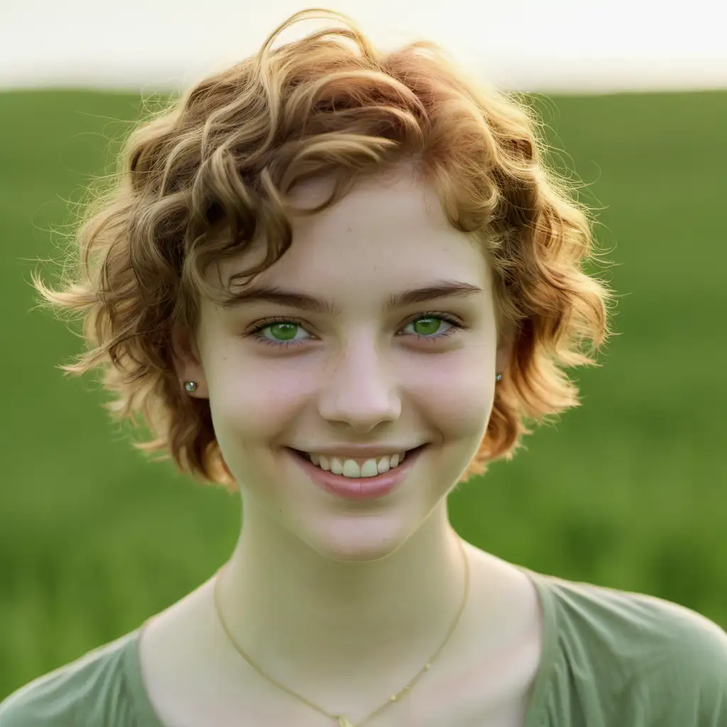 woman smiling, nineteen years old, wavy short hair, white skin, no make up, grass-green eyes, honey coloured hair, ancient jewlery