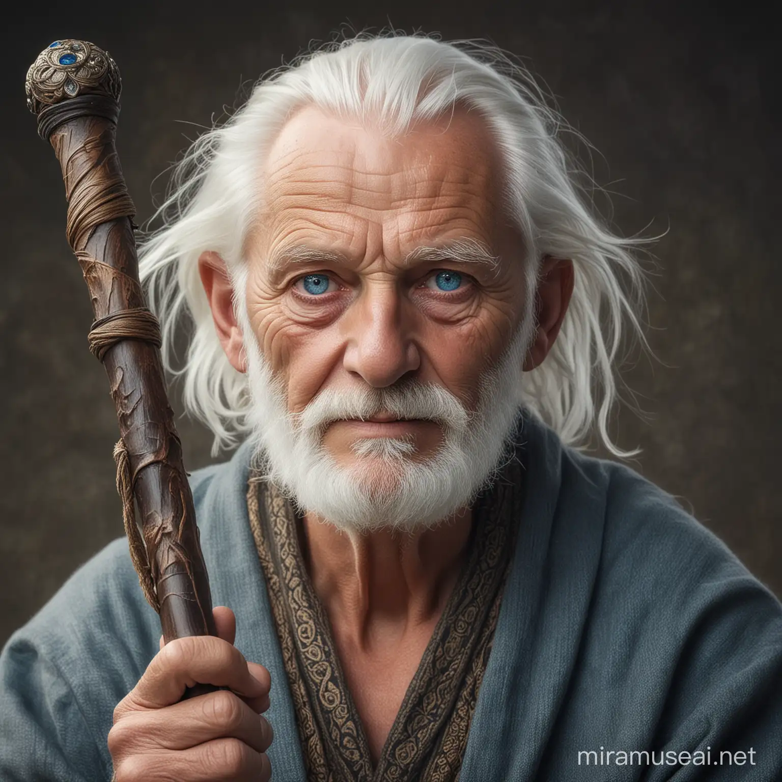 a kindly old man with sparkling blue eyes and white hair, holding a walking stick. He is the wise man of the community. 