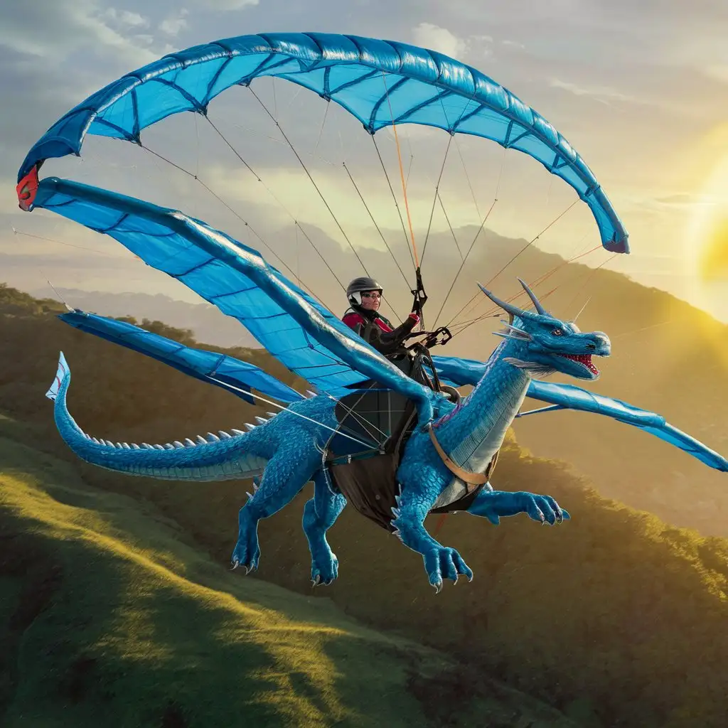 парапланерист летящий вместо параплана на драконе синего цвета 