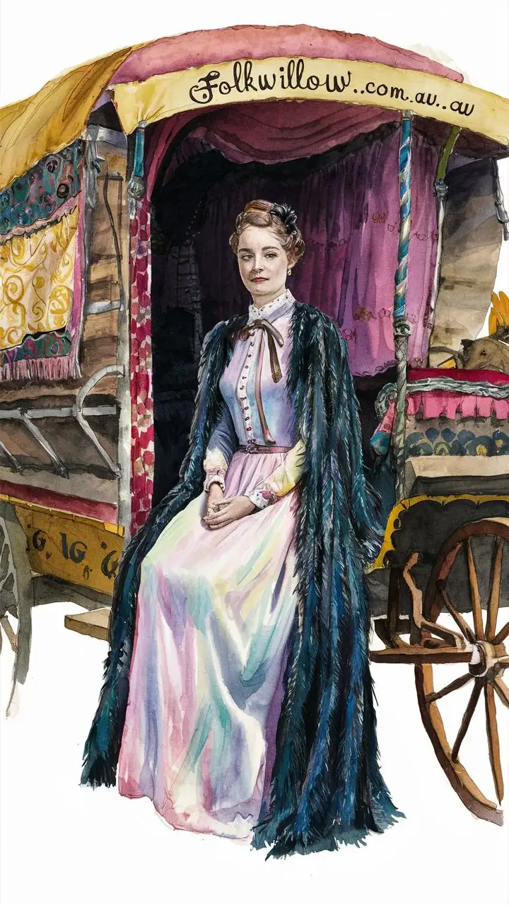 a pastel coloured watercolour painting of victorian era  lady in a long  dress, black feathers on her cape, she is sitting in a romanian gypsy wagon, the name FolkWillow.com.au is on the wagon side