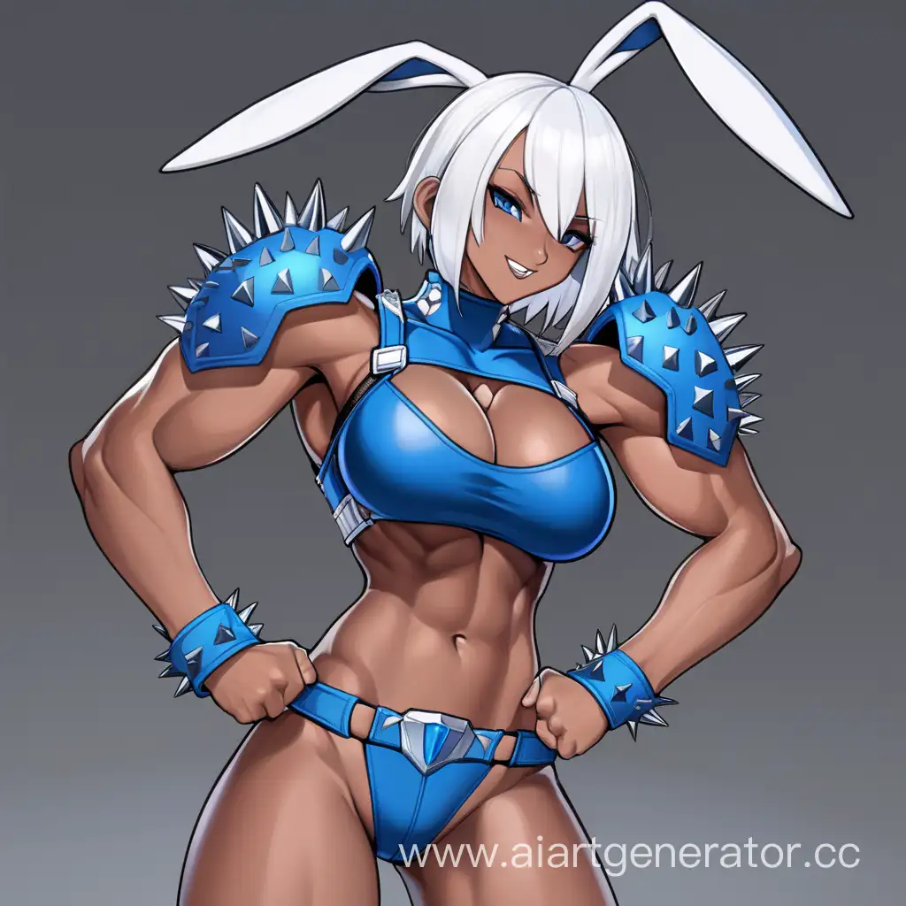 Strong-and-Stylish-BlueSuited-Woman-with-Rabbit-Ears-Flexing-Muscles