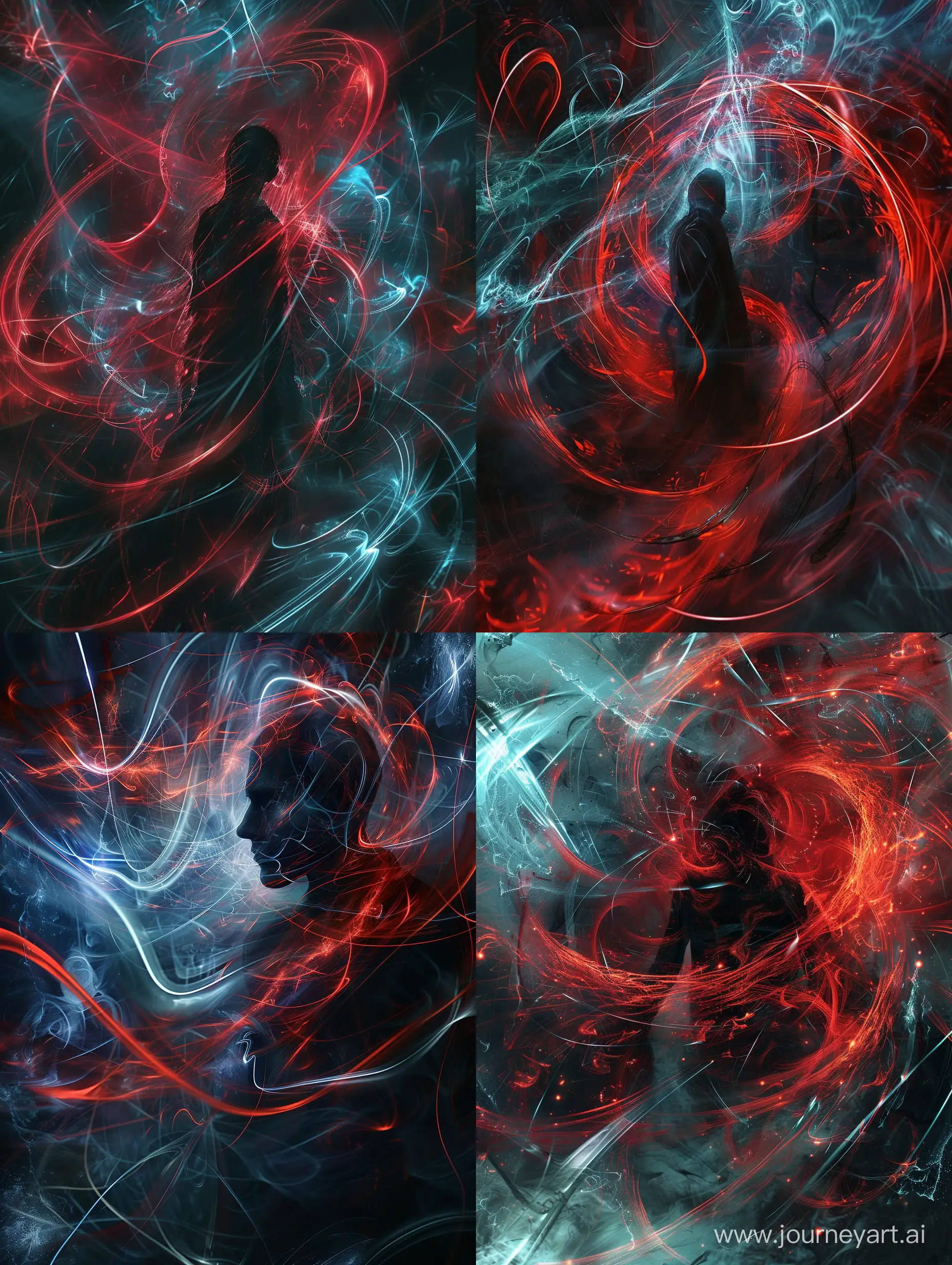 A chillingly mystical quantum encryption is depicted in a captivating composite environmental photograph. At its core is a figure, obscured by the ethereal glow of swirling red and black energy, intertwined with delicate threads of luminescent blue light. The image is a masterfully crafted digital artwork, rendered with exquisite attention to detail. The enigmatic subject exudes an otherworldly aura, evoking both awe and unease.